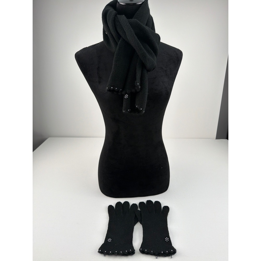 Scarf and Gloves Set Black Beaded Pearl Knit Coquette Chic